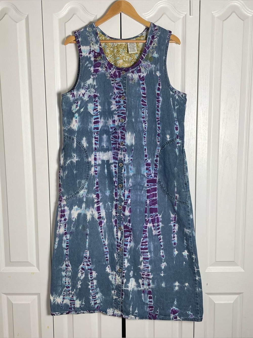 Vintage White Stag Denim Jumper Dress Embroidered Tie Dye 90s Festival Boho, L